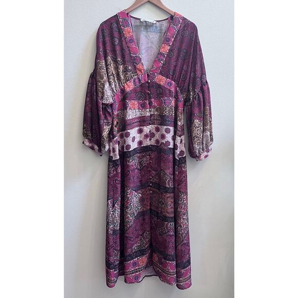 ZARA Boho Patchwork Print Balloon Sleeves Midi Dress Women's Size XL - Picture 1 of 5